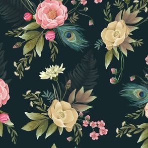 Peony Floral with Peacock Feather Teal Navy Pink Yellow