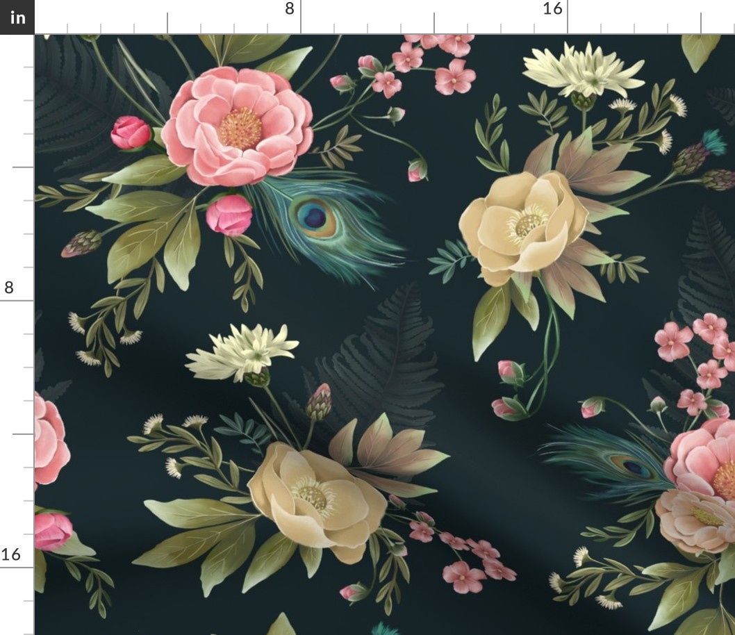 Peony Floral with Peacock Feather Teal Navy Pink Yellow