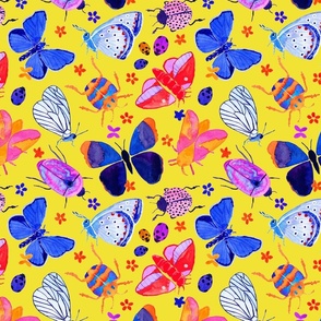 Bright watercolor bugs, butterflies, beetles - yellow citron background - Small scale