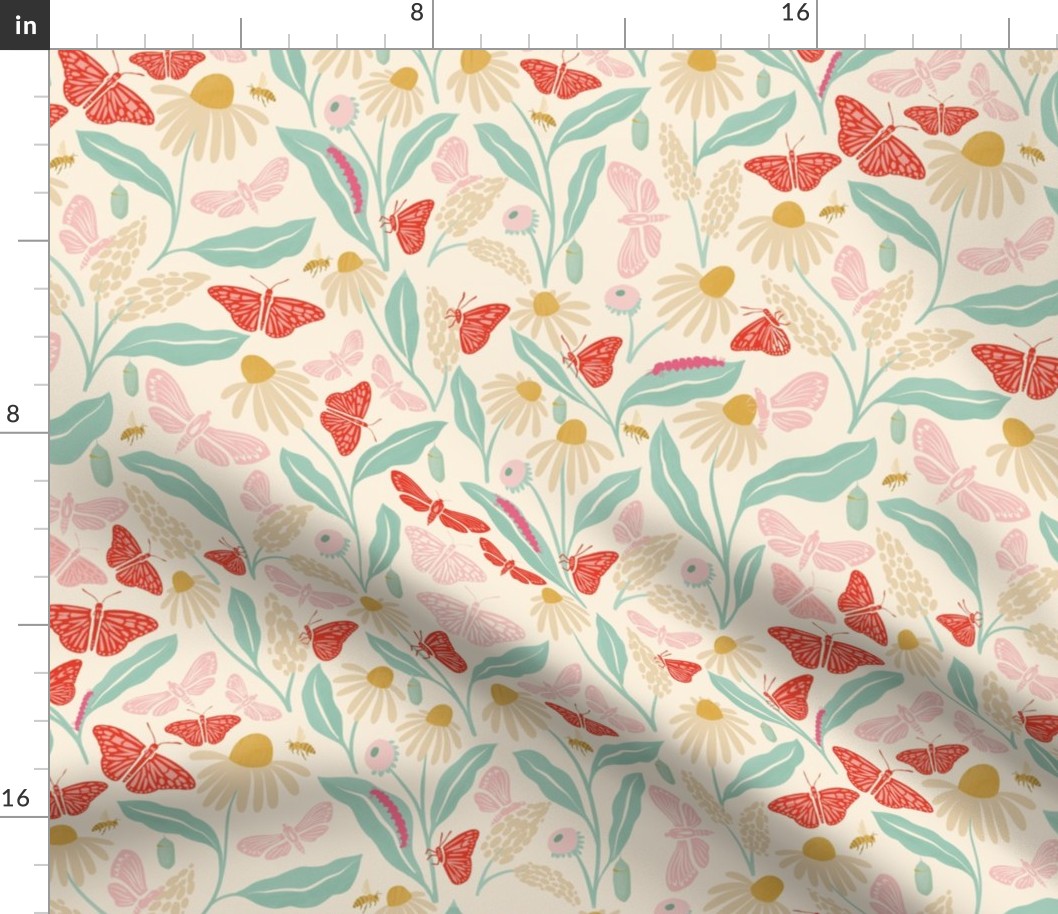 Butterfly Garden // Pink, Red, and Blue-Green Floral with Butterflies // Large Scale