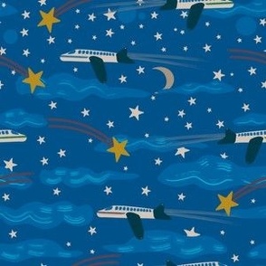 Night flying 6" (the world above collection) - Aeroplanes flying in the night sky, lots of clouds, stars, planets and a moon in this plane inspired design.