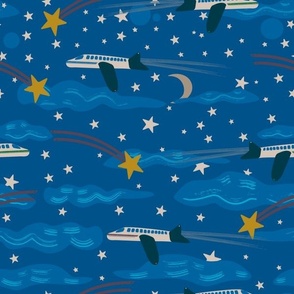 Night flying 12" (the world above collection) - Aeroplanes flying in the night sky, lots of clouds, stars, planets and a moon in this plane inspired design.