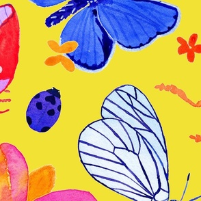 Bright watercolor bugs, butterflies, beetles - yellow citron background - jumbo scale
