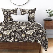 Farida - Indian Block Print Floral Dark Brown Goldenrod Jumbo Scale