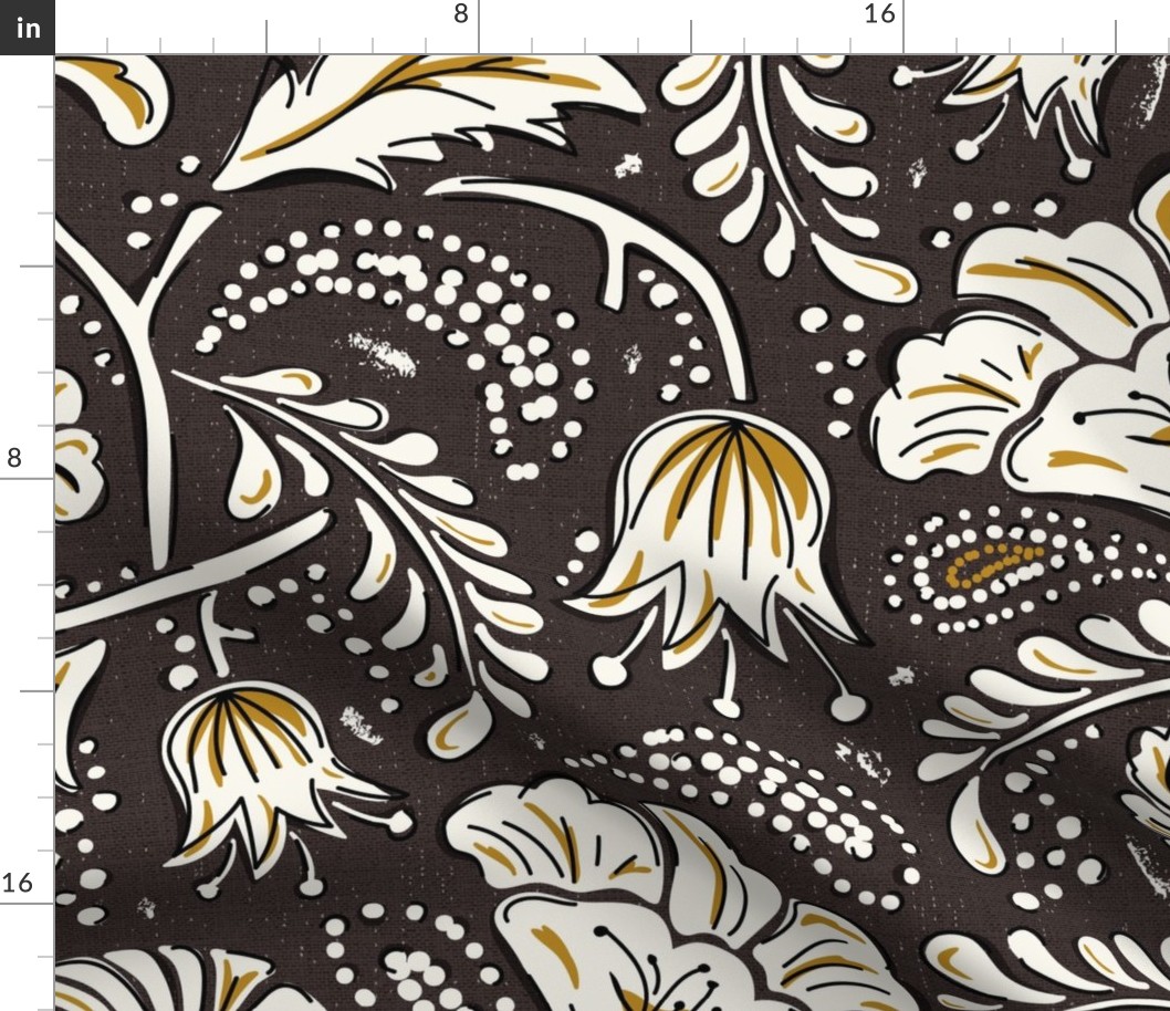 Farida - Indian Block Print Floral Dark Brown Goldenrod Jumbo Scale