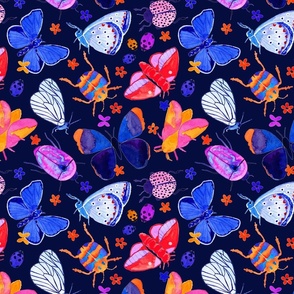 Bright watercolor bugs, butterflies, beetles - dark navy background - Small scale