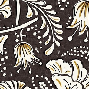 Farida - Indian Block Print Floral Dark Brown Goldenrod Large Scale