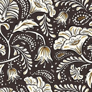 Farida - Indian Block Print Floral Dark Brown Goldenrod Regular Scale