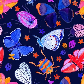 Bright watercolor bugs, butterflies, beetles - dark navy background - Medium scale
