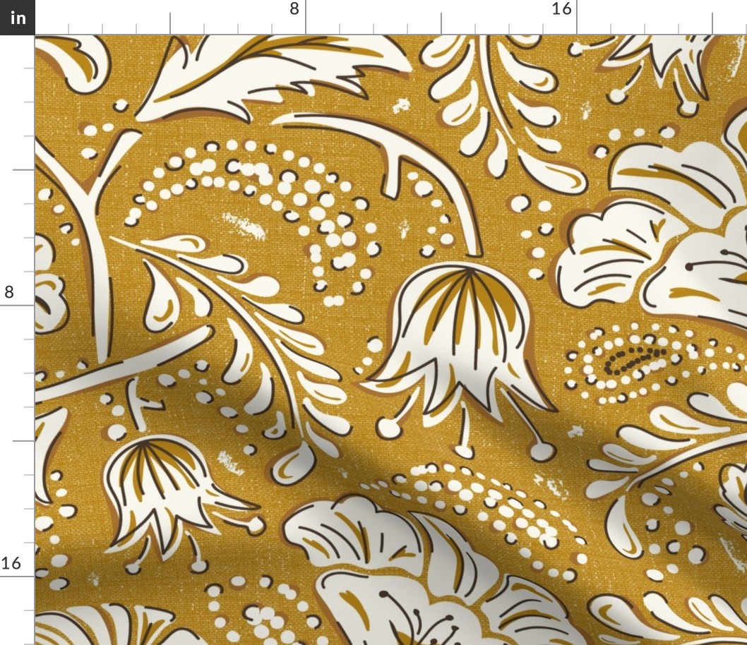 Farida - Indian Block Print Floral Goldenrod Yellow Ivory Jumbo Scale