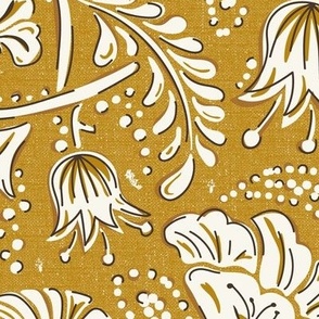 Farida - Indian Block Print Floral Goldenrod Yellow Ivory Large Scale