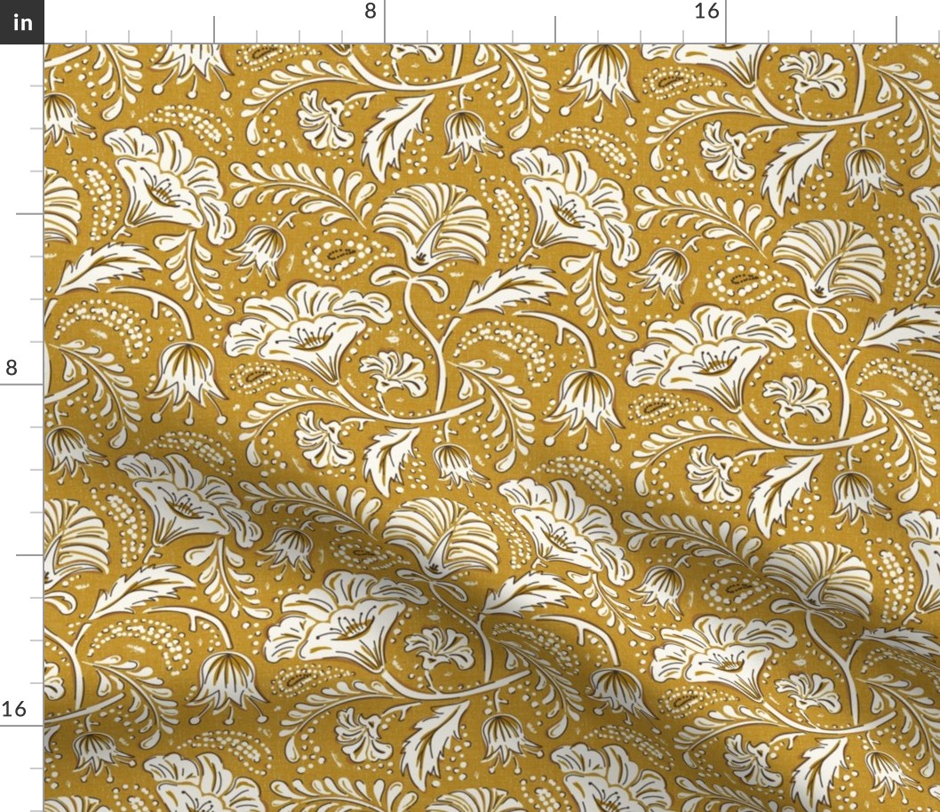 Farida - Indian Block Print Floral Goldenrod Yellow Ivory Regular Scale