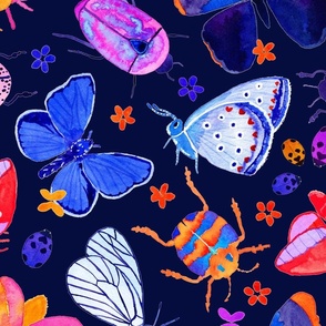 Bright watercolor bugs, butterflies, beetles - dark navy background - Large scale