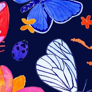 Bright watercolor bugs, butterflies, beetles - dark navy - Jumbo scale for bedding wallpaper