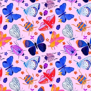 Bright watercolor bugs, butterflies, beetles - pale pink background -  small scale