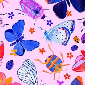 Bright watercolor bugs, butterflies, beetles - pale pink background - large scale