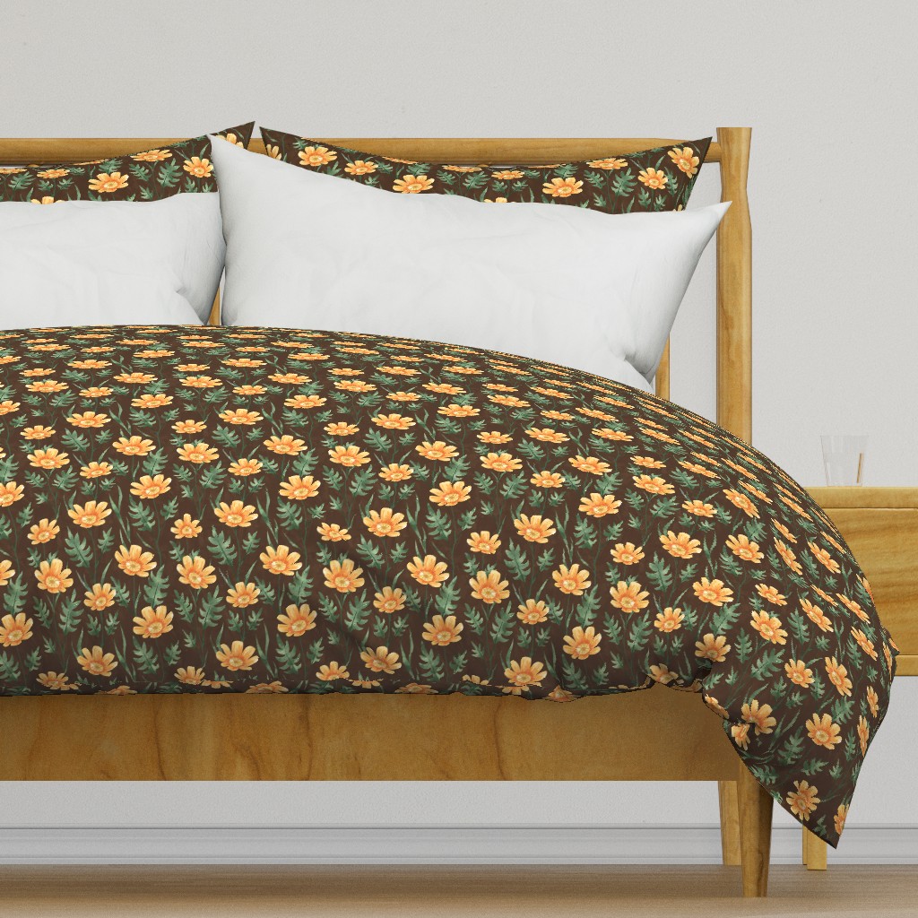 Orange Cosmos floral pattern on dark brown background