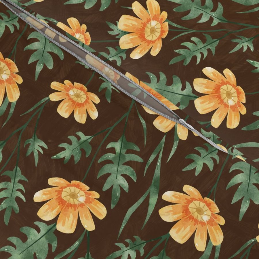 Orange Cosmos floral pattern on dark brown background