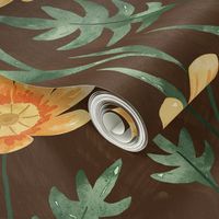 Orange Cosmos floral pattern on dark brown background