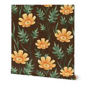 Orange Cosmos floral pattern on dark brown background