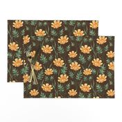 Orange Cosmos floral pattern on dark brown background