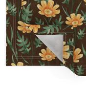 Orange Cosmos floral pattern on dark brown background