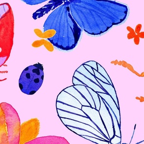 Bright watercolor bugs, butterflies, beetles - pale pink background - Jumbo scale