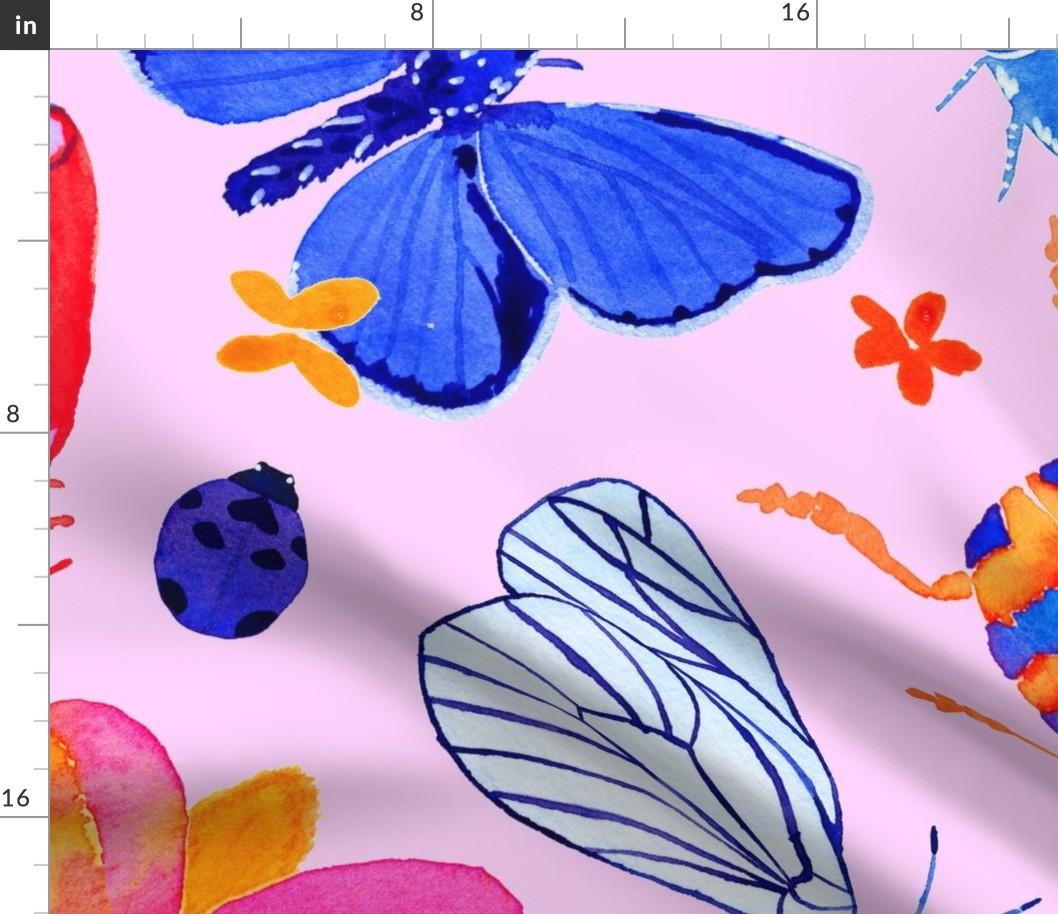 Bright watercolor bugs, butterflies, beetles - pale pink background - Jumbo scale