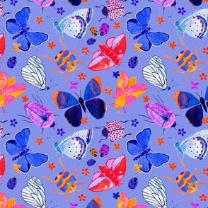 Bright watercolor bugs, butterflies, beetles - purple periwinkle background -  small scale