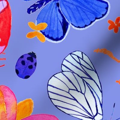 Bright watercolor bugs, butterflies, beetles - purple periwinkle background -  medium scale