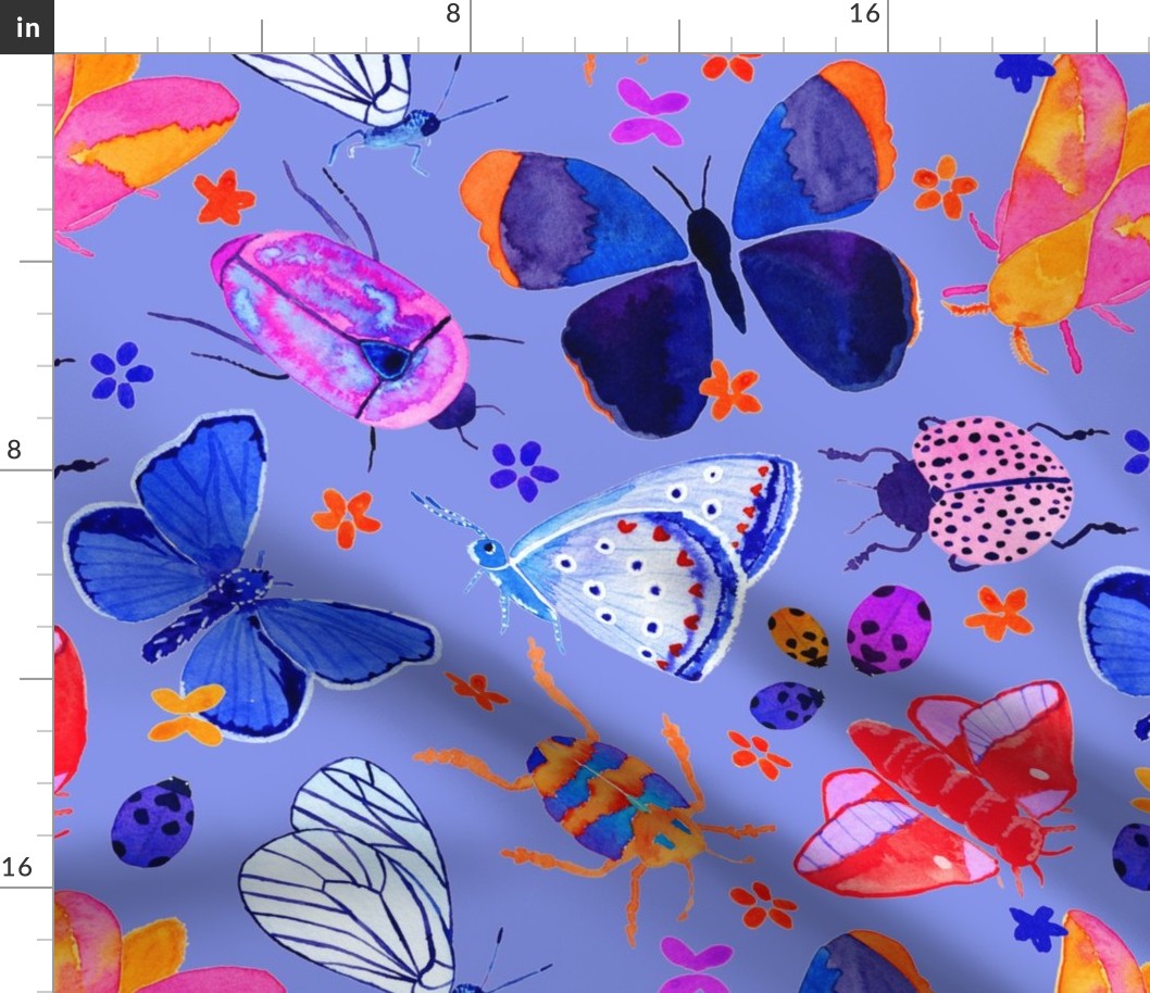 Bright watercolor bugs, butterflies, beetles - purple periwinkle background -  medium scale