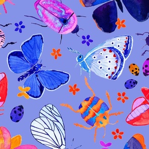 Bright watercolor bugs, butterflies, beetles - purple periwinkle background - large scale