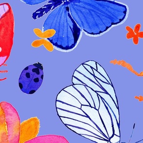 Bright watercolor bugs, butterflies, beetles - purple periwinkle background - jumbo scale