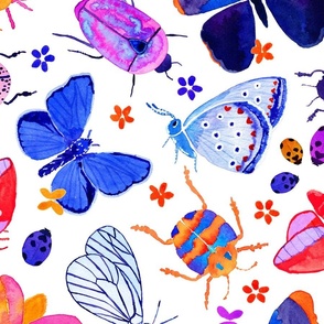 Bright watercolor bugs, butterflies, beetles on white - large scale