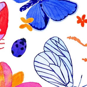 Bright watercolor bugs, butterflies, beetles on white - jumbo scale