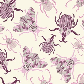 Doodle pink and violet Bug Trio - beige background