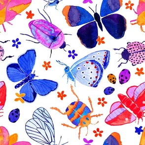 Bright watercolor bugs, butterflies, beetles on white - medium scale