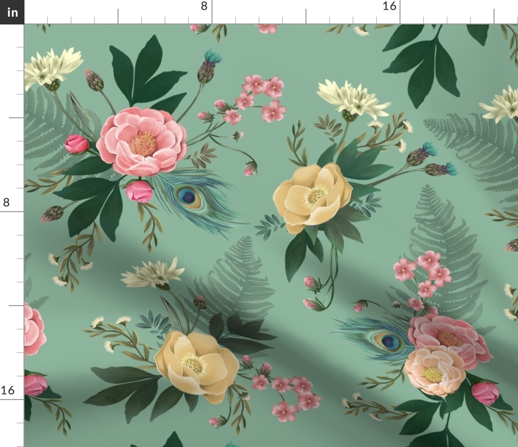 Peony Floral with Peacock Feather Teal Pink Yellow