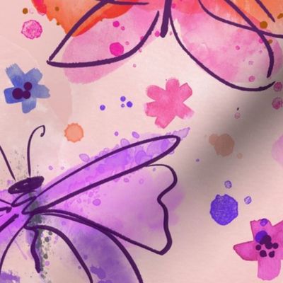 Watercolor butterflies in orange and pink large