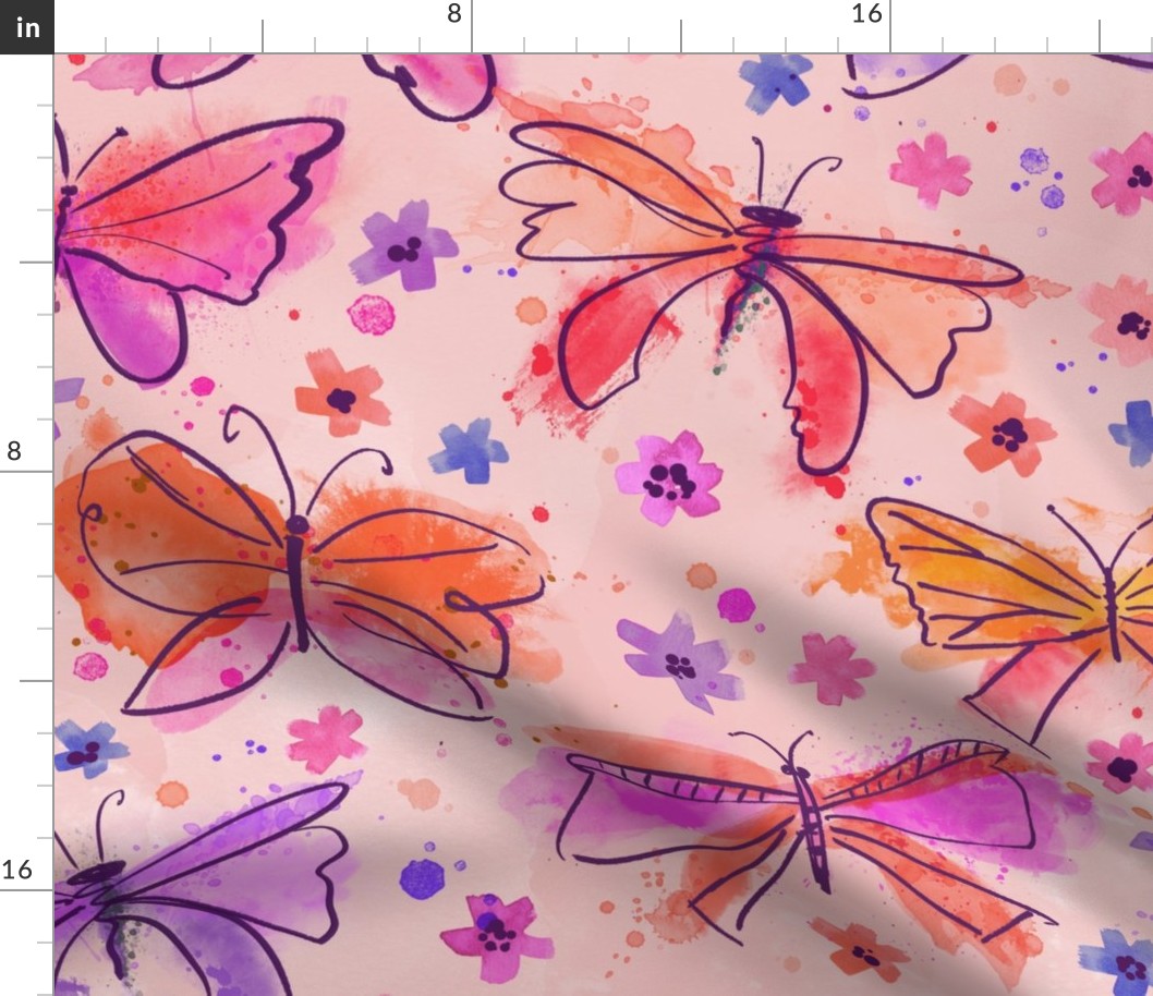 Watercolor butterflies in orange and pink large