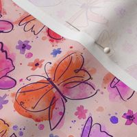Watercolor butterflies in orange and pink small scale