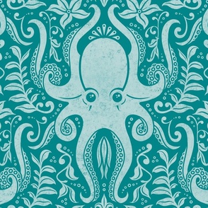 Pantone Ultra Steady Octopus Damask (Light Aqua on Teal) (Large Scale)