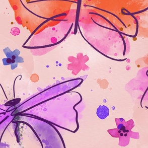 Watercolor butterflies in orange and pink extra large scale