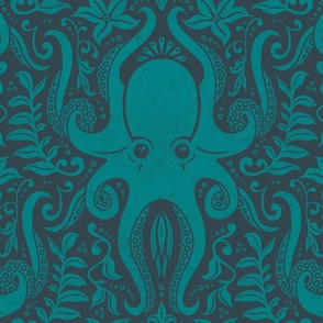 Pantone Ultra Steady Octopus Damask (Teal on Slate Grey) (Large Scale)