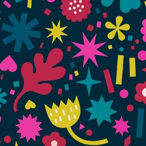 Bright bold floral and geometric shapes (Dark Blue) - Large