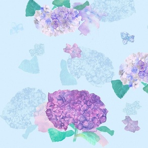 (M) Watercolor and textured Hydrangeas on light blue