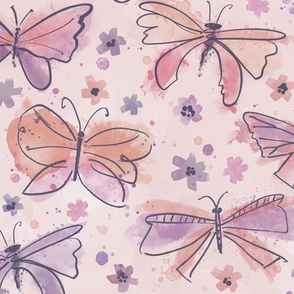 Watercolor butterflies in soft muted pinks and plums large scale