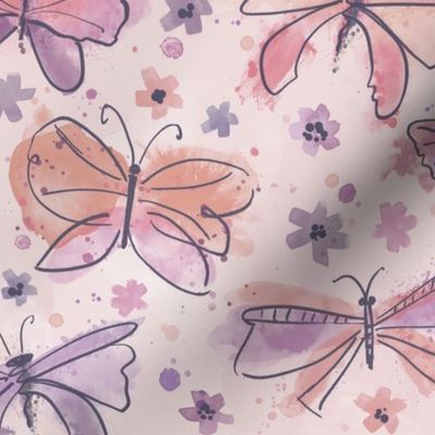 Watercolor butterflies in soft muted pinks and plums medium scale