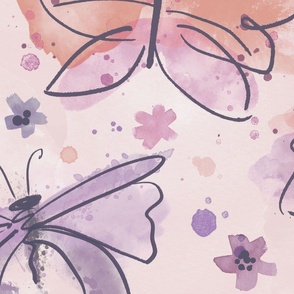 Watercolor butterflies in soft muted pinks and plums extra large scale