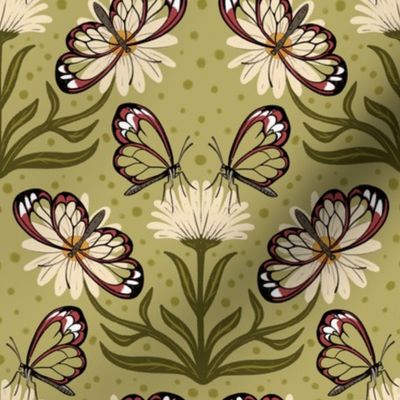 Glasswing butterflies // Medium on  Light Green // Butterfly Garden Wallpaper